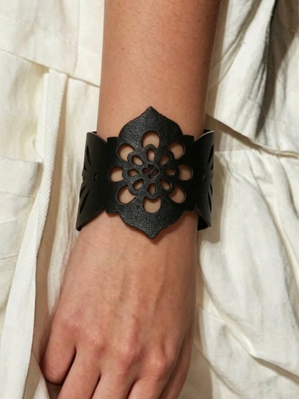 Hollow Gothic Subculture flower Black Double Layer PU Leather Bracelet